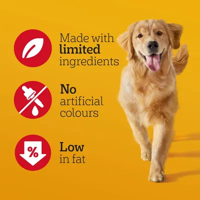 Text på engelska: Made with limited ingredients, No artificial colours, Low in fat. Tre röda ikoner bredvid texten.