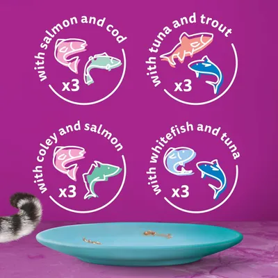 Product contains 3 packs each of salmon and cod, tuna and trout, coley and salmon, whitefish and tuna varieties.