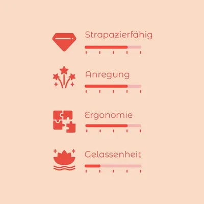 Échelle d’évaluation avec 4 critères en allemand : Strapazierfähig, Anregung, Ergonomie, Gelassenheit. Chaque critère a une barre de progression graduée.