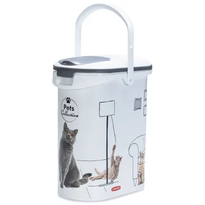 Vit foderbehållare med handtag, tryck 'Pets Collection' och kattmotiv. Märke Curver.