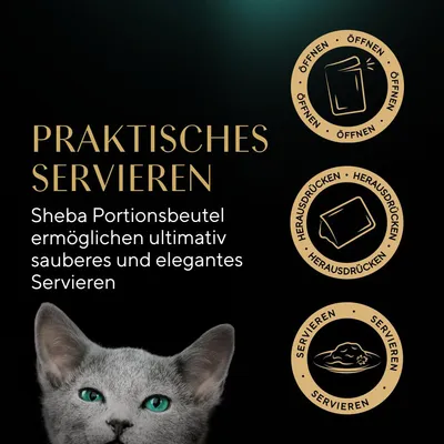 Praktikus tálalás: Sheba adagoló tasakok tiszta és elegáns tálalást tesznek lehetővé. Nyitás, kinyomás és tálalás szimbólumai láthatók.