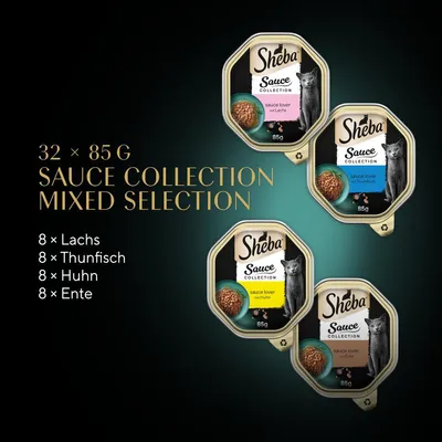 Sheba Sauce Collection Mixed Selection, 32 x 85g. Sorten: 8x Lachs, 8x Thunfisch, 8x Huhn, 8x Ente.