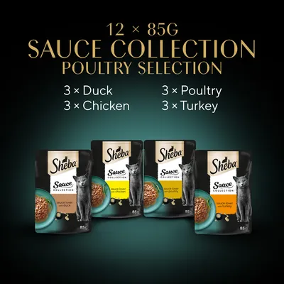 Sheba Sauce Collection Poultry Selection, 12 × 85 g: 3× Duck, 3× Chicken, 3× Poultry, 3× Turkey. Négy Sheba tasak macskaeledel képe látható.