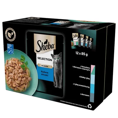 Sheba Selection w sosie Smaki rybne, 12 x 85 g. Warianty: z łososiem i czarnym dorszem, z białorybem, z rybą oceaniczną, z dorszem. Certyfikat MSC, opakowanie nadające się do recyklingu. Sheba Selection w sosie Smaki rybne, 12 x 85 g. Warianty: z łososiem i czarnym dorszem, z białorybem, z rybą oceaniczną, z dorszem. Certyfikat MSC, opakowanie nadające się do recyklingu.