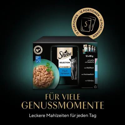 Sheba Selection in Sauce Fisch Variation, 12 x 85g. Sorten: Lachs und Seelachs, Weissfisch, Hochseefisch, Kabeljau. Für viele Genussmomente. Leckere Mahlzeiten für jeden Tag.