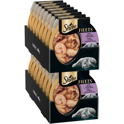 Sheba Filets Huhn mit Garnelen und Meeresfisch, mehrere Portionsschalen in schwarzer Verpackung sichtbar. Sheba Filets Huhn mit Garnelen und Meeresfisch, mehrere Portionsschalen in schwarzer Verpackung sichtbar.
