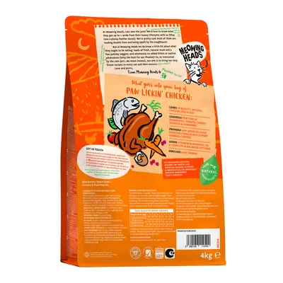 Back of pet food bag showing ingredients list, feeding guide table, and product claims such as natural ingredients, added vitamins, minerals, and taurine for a complete balanced meal.