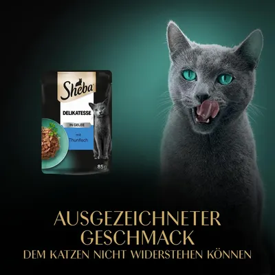 Sheba Delikatesse in Gelee mit Thunfisch, 85g. Ausgezeichneter Geschmack, dem Katzen nicht widerstehen können.