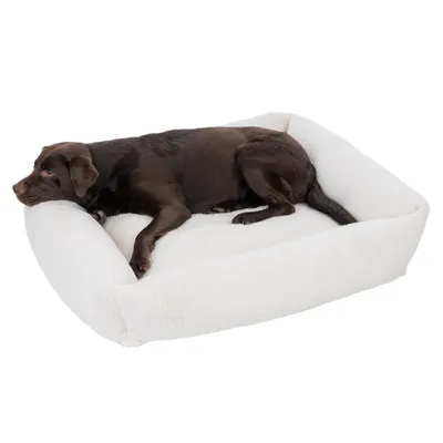 Dog lying on a white, padded pet bed with a soft surface.