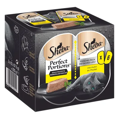 Sheba Perfect Portions fine pâté with chicken, fresh pack, 6 x 37.5g. Packaging shows product and grey cat.
