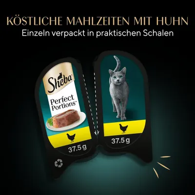 Sheba Perfect Portions mit Huhn, einzeln verpackt in praktischen Schalen, 37.5g pro Portion. Köstliche Mahlzeiten für Katzen.