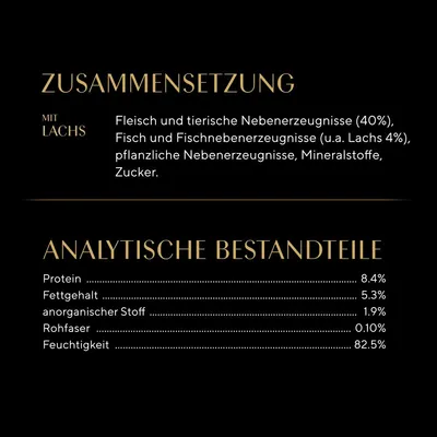 Zusammensetzung: Fleisch und tierische Nebenerzeugnisse (40%), Fisch und Fischnebenerzeugnisse (u.a. Lachs 4%), pflanzliche Nebenerzeugnisse, Mineralstoffe, Zucker. Analytische Bestandteile: Protein 8.4%, Fettgehalt 5.3%, anorganischer Stoff 1.9%, Rohfaser 0.10%, Feuchtigkeit 82.5%.