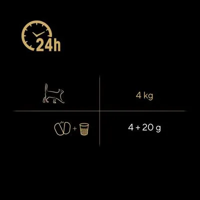 Voedingsadvies voor kat van 4 kg: dagelijks 4 porties natvoer plus 20 g droogvoer. Pictogram klok met 24h, kat, voerbakje en beker zichtbaar.