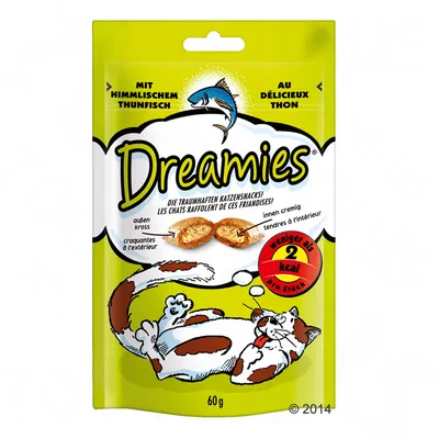 Dreamies grickalice za mačke s tunom, manje od 2 kcal po komadu, pakiranje 60 g. Tekst na njemačkom i francuskom jeziku vidljiv na ambalaži.