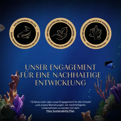 Unser Engagement für nachhaltige Entwicklung: verantwortungsvoller Fischfang, Umweltreduktion, Korallenriff-Wiederherstellung. Mehr erfahren im Mars Sustainability Plan.