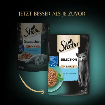 Sheba Selection in Sauce mit Hochseefisch, 85g. Zertifiziert nachhaltige Meeresfrüchte MSC. Text: Jetzt besser als je zuvor!