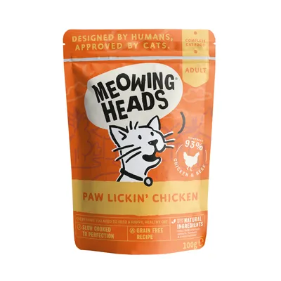 Meowing Heads Paw Lickin' Chicken, adult complete cat food, contains 93% chicken and beef, slow cooked to perfection, grain free recipe, made with natural ingredients, 100g pouch.