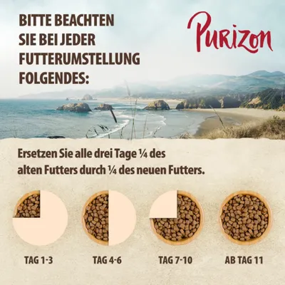 Futterumstellung: Alle drei Tage ein Viertel des alten Futters durch neues ersetzen. Tag 1-3, Tag 4-6, Tag 7-10, ab Tag 11 nur neues Futter. Purizon.