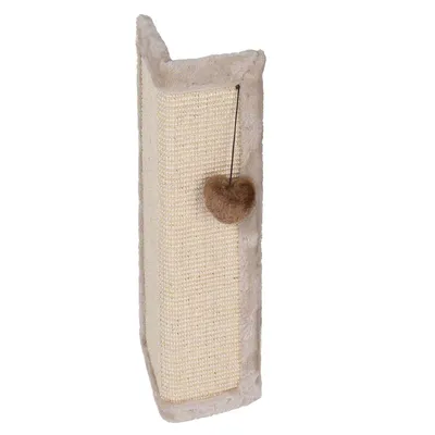Krabplank van beige sisal met pluche rand, hoekmodel, voorzien van bruin pluchen hartje aan een koord.