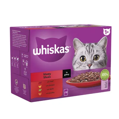Whiskas Meaty Meals in gravy, 12 pack with beef, chicken, lamb and poultry. For cats aged 1+, 100% complete nutrition for daily needs.