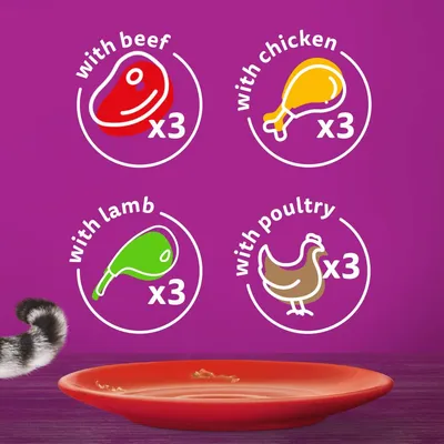 Testo in inglese: with beef x3, with chicken x3, with lamb x3, with poultry x3. Illustrazioni di carne, pollo, agnello e pollame. Testo non tradotto.