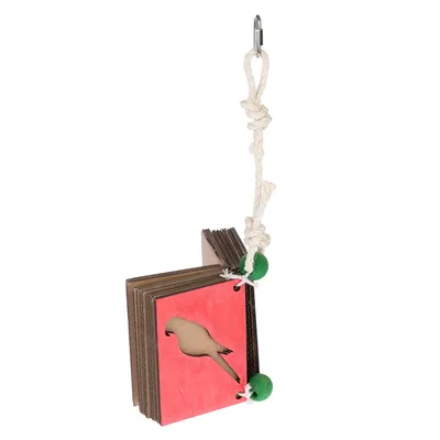 Hängendes Spielzeug aus Karton und Holz mit Papageienmotiv, befestigt an einer weissen Kordel mit grünen Kugeln und Metallhaken.