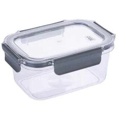 Transparente opbergbox met grijze sluitclips en deksel, geschikt voor het bewaren van levensmiddelen of dierenvoer.
