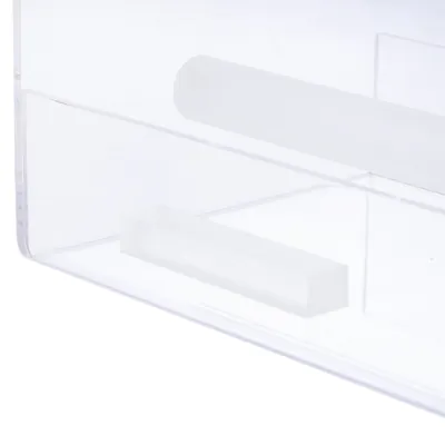 Transparent plastic box with rectangular design and rounded edges, suitable for storing items.