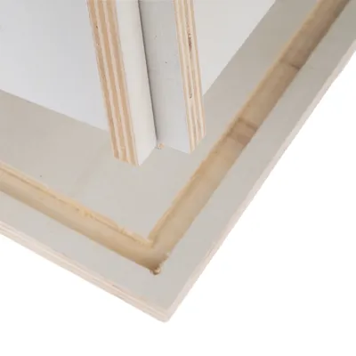 Close-up of wooden panels with layered structure, showing material texture and workmanship.