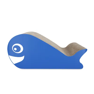 Griffoir en carton ondulé en forme de baleine bleue, surface texturée visible pour l’usure des griffes. Aucun texte ou marque visible.