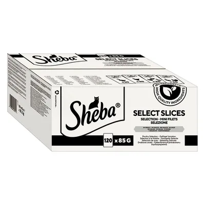 Sheba Select Slices, Mini Filets in saus, gevogeltevariatie, verpakking met 120 x 85g. Opmerking: hoogwaardige ingrediënten.