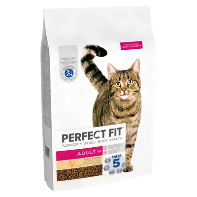 Bag labelled Perfect Fit Adult 1+, supports whole body health, rich in chicken, total 5 benefits, made with high quality ingredients, visible kibble pieces.