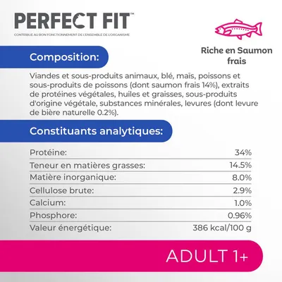 Perfect Fit. Riche en saumon frais 14 %. Protéine 34 %, matières grasses 14,5 %, matière inorganique 8 %, cellulose brute 2,9 %, calcium 1 %, phosphore 0,96 %, 386 kcal/100 g. ADULT 1+.