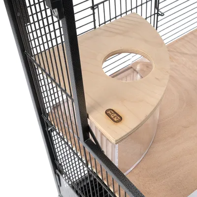 Wooden platform with round cut-out and plexiglass wall, attached to a metal cage. Visible logo: 'FDK'.