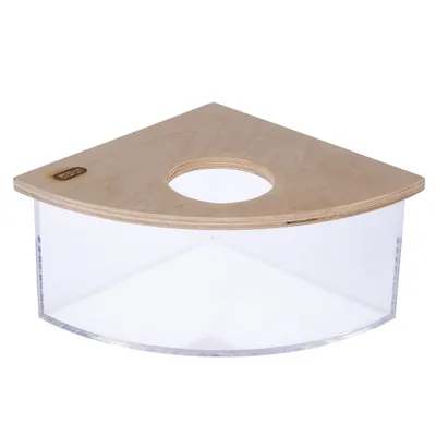 Corner-shaped enclosure made of transparent plexiglass with wooden cover and round cut-out. Visible logo on the wooden surface.