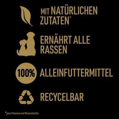 Mit natürlichen Zutaten, ernährt alle Rassen, 100% Alleinfuttermittel, recycelbar. Plus Vitamine und Mineralstoffe.