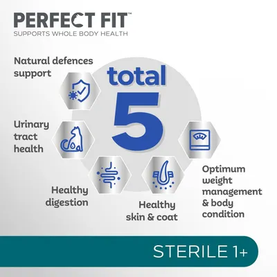 Five key benefits: natural defences support, urinary tract health, healthy digestion, healthy skin and coat, optimum weight management and body condition. For sterile 1+.