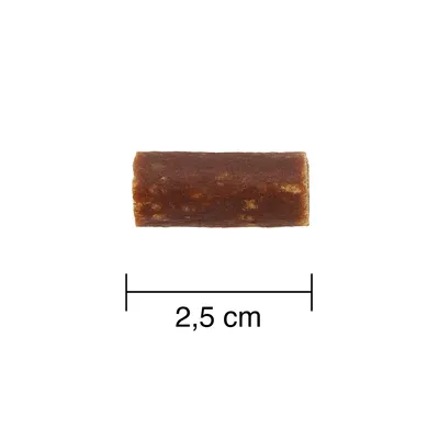 Izdelek: rjav prigrizek dolžine 2,5 cm, vidna oznaka mere.