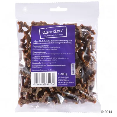 Chewies Rinderknöchelchen, friandises pour chiens, sachet de 200 g. Texte en allemand : ingrédients, analyse (protéines 30 %, matières grasses 4,5 %, cendres brutes 4 %, humidité 25 %).