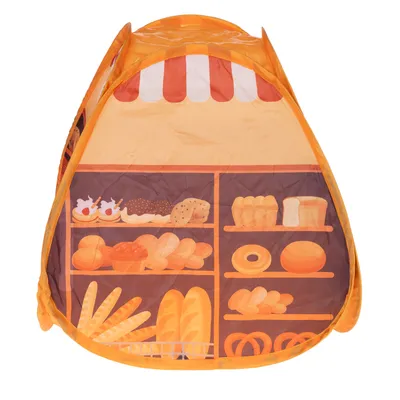 Spielzelt in Form eines Bäckereistandes mit illustrierten Broten, Brötchen, Brezeln und Gebäck auf Regalen. Orangefarbenes Design mit rot-weissem Dach.
