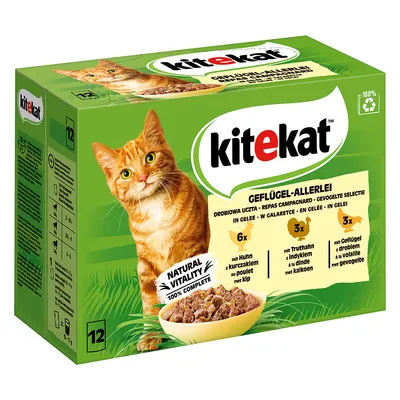 Kitekat Geflügel-Allerlei in Gelee, 12 Portionsbeutel: 6x Huhn, 3x Truthahn, 3x Geflügel. Natural Vitality, 100% komplett. Recyclingfähig.