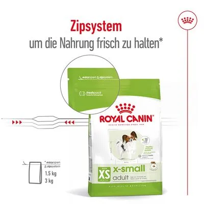 Royal Canin X-Small Adult Trockenfutter mit Zip-System für Frische, Verpackungsgrößen: 1,5 kg und 3 kg. Easyopen & Freshpack für einfache Handhabung.