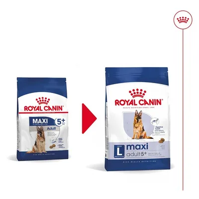 Стара и нова опаковка на Royal Canin Maxi Adult 5+ за големи кучета, с изображение на немска овчарка и текст: maxi adult 5+, size L, digestive health. Стара и нова опаковка на Royal Canin Maxi Adult 5+ за големи кучета, с изображение на немска овчарка и текст: maxi adult 5+, size L, digestive health.