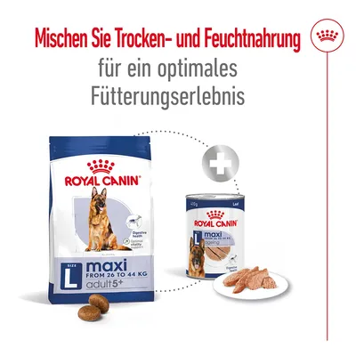 ROYAL CANIN maxi adult 5+ croquettes et maxi ageing pâtée pour chiens de 26 à 44 kg, texte en allemand : mélanger aliments secs et humides pour une expérience optimale.