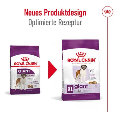 Changement de design pour Royal Canin Giant Adult, nouveau sac avec mention Size XL giant adult. Texte en haut : Neues Produktdesign, Optimierte Rezeptur (allemand).