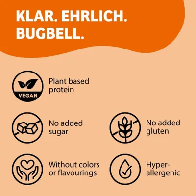 KLAR. EHRLICH. BUGBELL. Vegan, pflanzliches Protein, ohne Zuckerzusatz, ohne Gluten, ohne Farb- oder Aromastoffe, hypoallergen.