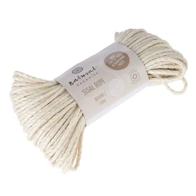 Natural Paradise sisal touw, 50 m, Ø6 mm. Verpakking toont tekst: 'Sisal Rope', '50 m', 'Ø6 mm', icoon van garenbol en tandwiel zichtbaar.