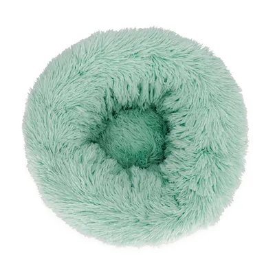 Rundes, flauschiges Haustierbett in mintgrüner Farbe mit weicher Polsterung und erhöhtem Rand.