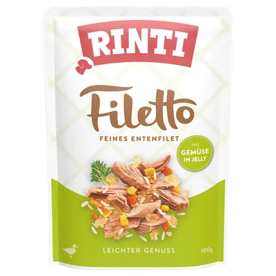 Rinti Filetto Feines Entenfilet mit Gemüse in Jelly, Leichter Genuss, 100 g. Texte en allemand et anglais sur l’emballage.