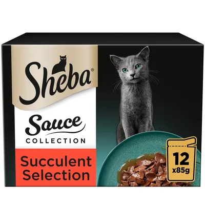 Sheba Sauce Collection Succulent Selection, 12 packs of 85g each, shown with a bowl of food on the packaging.
